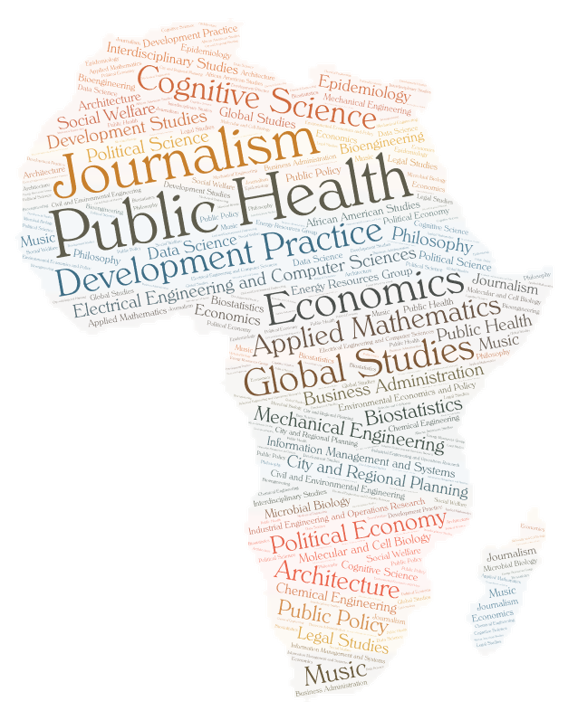 Outline of African continent filled with names of Scholars' academic degrees