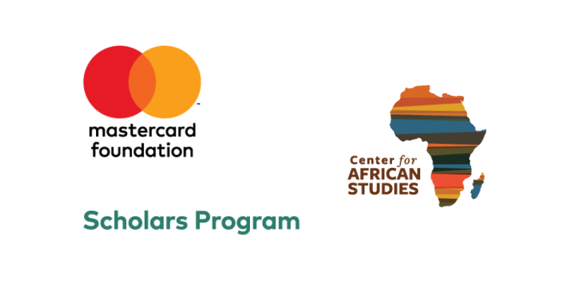 One left, Mastercard Foundation logo (overlapping red and yellow circles) with Scholars Program in green text below and on right, Center for African Studies logo (multicolored map of Africa)